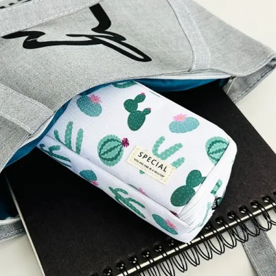 Wrapables Large Capacity Pencil Case, 3 Compartment Pencil Pouch for Stationery Pens, Cactus image {5}