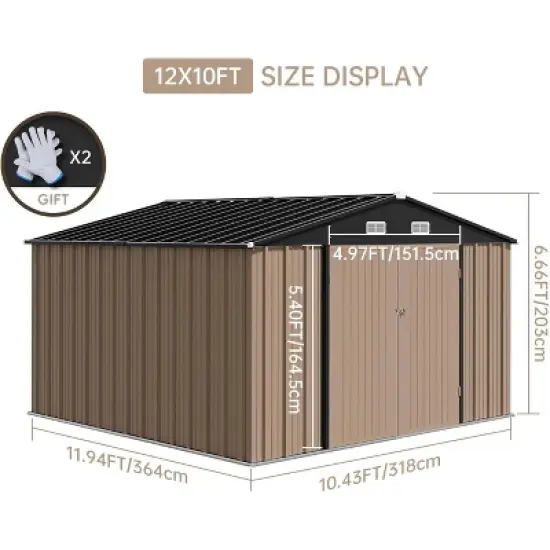 Acekool 10x12 Ft Outdoor Storage Shed, Large Galvanized Steel Tool Shed with Sliding Lockable Door & Sloped Ventilated Roof, Metal Utility Yard Shed image {5}