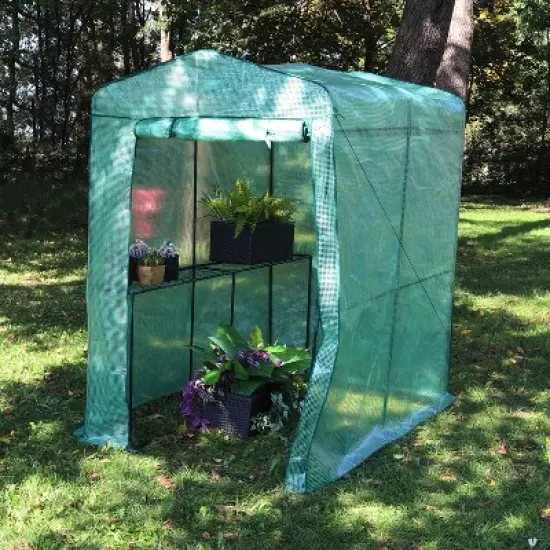 Sunnydaze Outdoor Portable Growing Rack Petite Deluxe Mini Walk-In Greenhouse with Roll-Up Door - 1 Shelf - Green image {9}