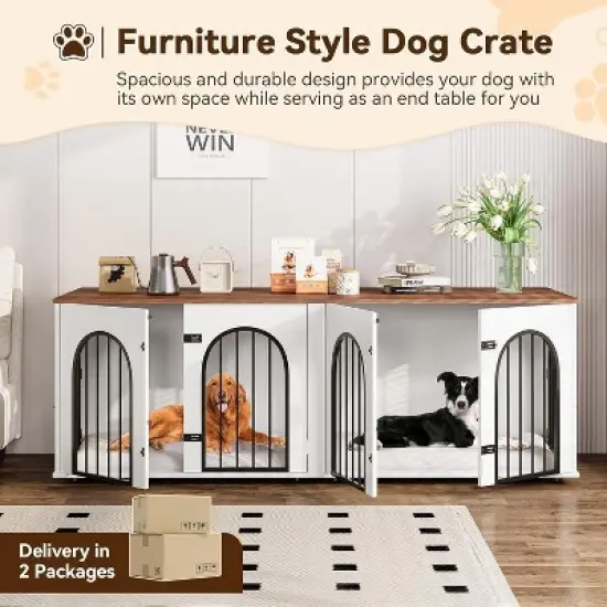 71" Large Dog Crate Furniture for 2 Dogs, Wooden Double Dog Crate, Indoor Dog Kennel TV Stand with Divider and Cushion for Large Medium Dogs,White image {3}
