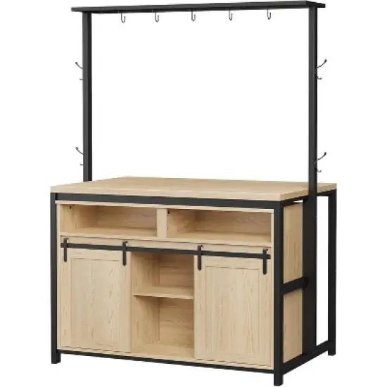 Acekool 42'' Kitchen Island Table with Power Outlets, Sliding Barn Door, Storage Shelves, Hooks, Large Dining Prep Counter, Wood color image {8}