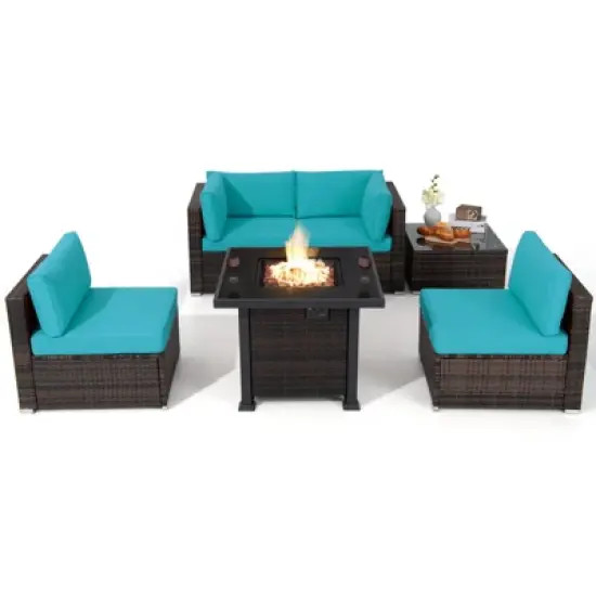 Tangkula 6 Piece Patio Wicker Conversation Set, Outdoor Rattan Sofa Set w/ 32" Propane Fire Pit Table, 50,000 BTU Heat, Tempered Glass Tabletop Black/Navy Blue/Red/Turquoise/Off White image {14}