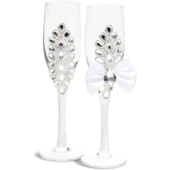 Sparkle and Bash Set of 2 Mr. & Mrs. Wedding Toasting Glasses, Bride and Groom Rhinestone Champagne Flutes in White image {2}
