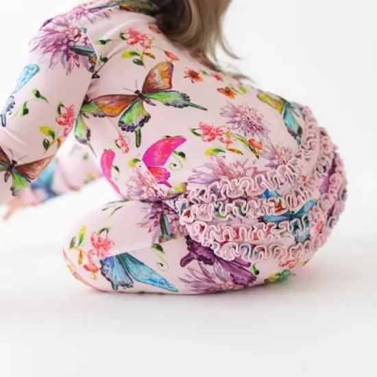 Infant Watercolor Butterfly Footie Ruffled Zippered One Piece - Posh Peanut image {3}