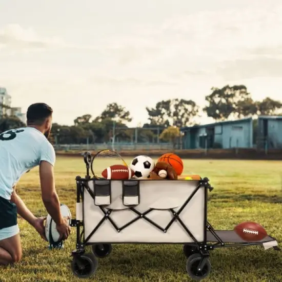 YONWAY Heavy-Duty Foldable Wagon with Extended Tailgate,480LBS Capacity,All-Terrain Beach Wheels,Perfect for Beach Trips,Fishing,Shopping,Khaki image {8}