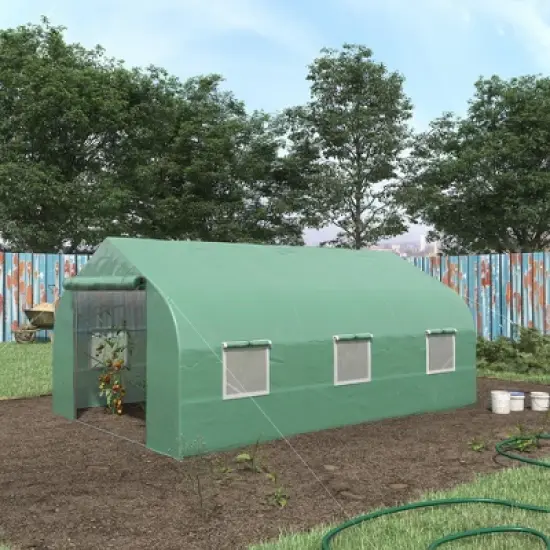 Outsunny 9.8' x 11.4' x 6.8' Outdoor Walk-In Tunnel Greenhouse Hot House with Roll-up Windows, Zippered Door, PE Cover, Green image {2}