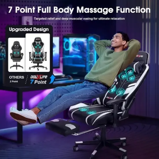 Douxlife Modern 7-Point Massage Ergonomic Gaming Chair with Footrest & Adjustable Armrests Black White image {6}