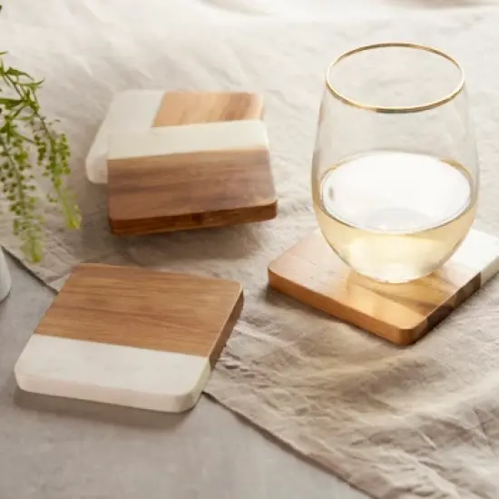 Twine Marble and Acacia Coasters, Modern Square Coasters, Acacia Wood, Marble, Protect Tables and Surfaces, Set of 4 image {3}