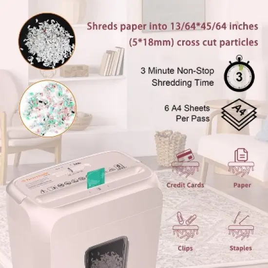 Bonsaii 6-Sheet Crosscut Paper Shredder for Home Use, Shreds Paper, Credit Cards, Staples, Clips, 3.4 Gal Wastebasket, Pink, with Handle image {5}