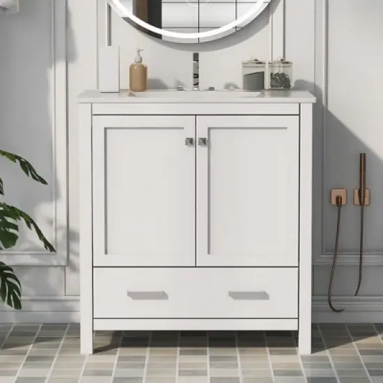 30 Inch Solid Wood Frame Bathroom Vanity with Single Sink, 2 Doors and a Drawer image {16}