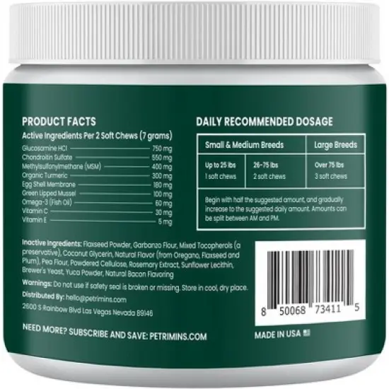PetriMins Advanced Dogs Hip & Joint Supplement with Glucosamine & Chondroitin(Organic Turmeric, Egg Shell Membrane, Green Lipped Mussel)90 ct-Bacon image {1}