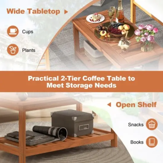 Tangkula Patio Hardwood Coffee Table 2-Tier Wooden Coffee Table with Slatted Tabletop & Storage Shelf Outdoor Rectangular Cocktail Table image {6}