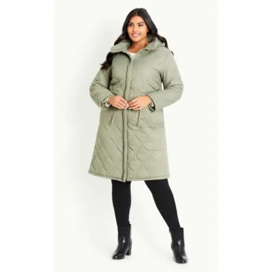 Women's Plus Size Quilted Hood Coat - Green | EVANS image {5}