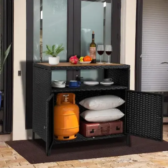 Versatile Outdoor Wicker Storage Cabinet with Shelf & Weather-Resistant Patio Bar Table, Convenient Access image {2}