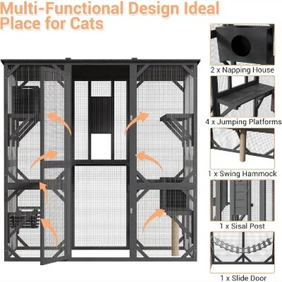 68'' Wooden Catio - 4-Tier Outdoor Cat Enclosure w/ 2 Doors, Scratching Post & UV Protection for Multiple Cats image {3}