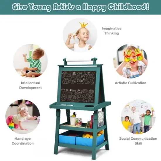 Costway 3 in 1 Double-Sided Wooden Kid's Art Easel Whiteboard image {5}