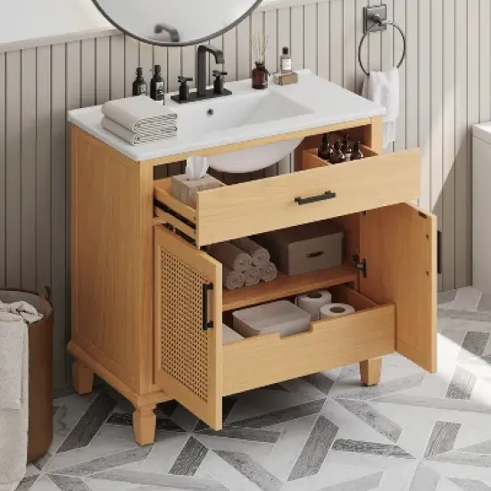 36" Rattan Bathroom Vanity with Ceramic Sink, Soft-Close Drawers & Solid Fir Legs,4" Faucet Compatible, Freestanding Vanity image {6}