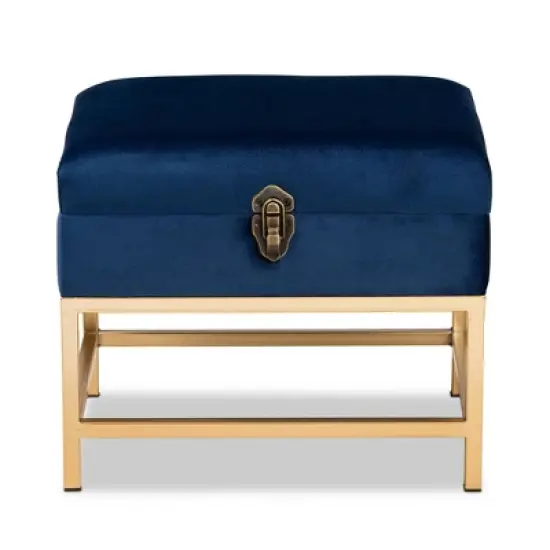 Aliana Fabric and Metal Ottoman Navy Blue/Gold - Baxton Studio image {2}