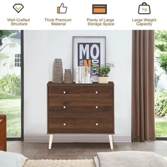 Costway 4-Drawer Dresser Chest Cabinet Storage Organizer Rubber Leg W/Rail Walnut Finish image {5}