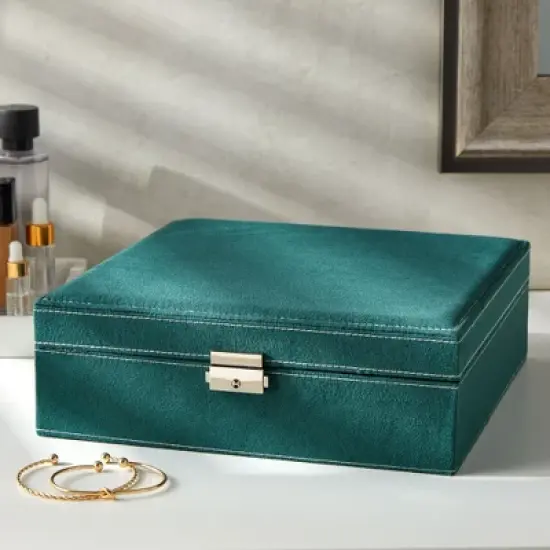 Juvale Velvet Jewelry Box Organizer - Lockable 2 Layer Travel Case, Earrings Storage with Removable Tray for Women, Men (Green) image {2}