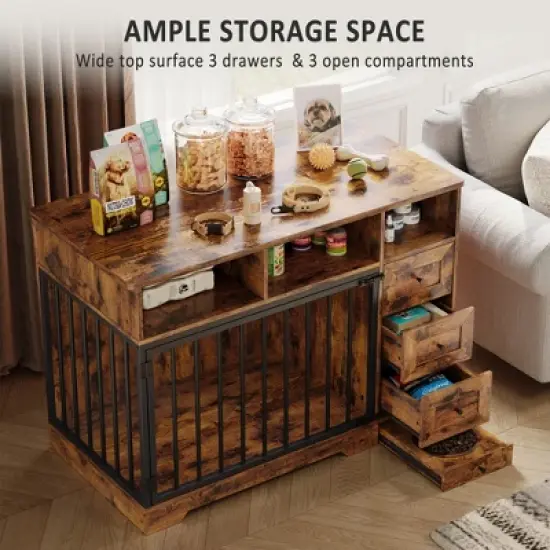 48" Dog Crate Furniture, Farmhouse Dog Kennel Furniture with Dog Bowl & 3 Storage Drawers, Heavy Duty Dog Cage End Table for Medium Small Dogs image {7}
