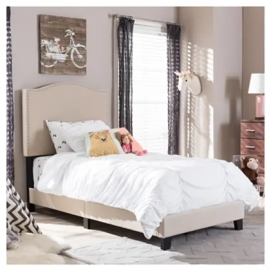 Twin Benjamin Modern and Contemporary Linen Upholstered Arched Platform Bed with Nailhead - Baxton Studio image {4}