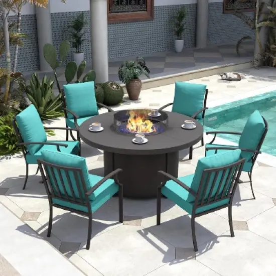 ALAULM 7 Piece Metal Outdoor Patio Furniture Set with 48" Round Fire Pit Table image {9}
