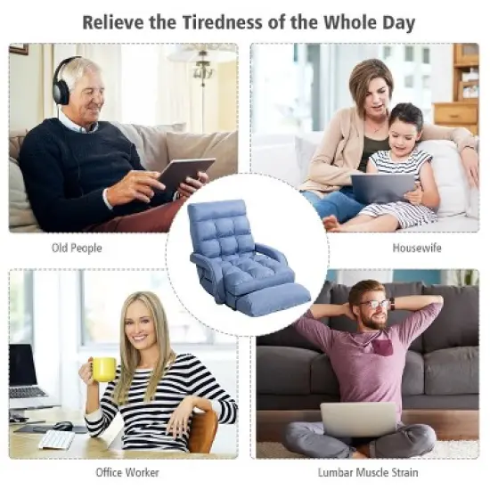 Costway Folding Floor Armchair w/6-position Adjustable Back & Lumbar Pillow Blue image {3}