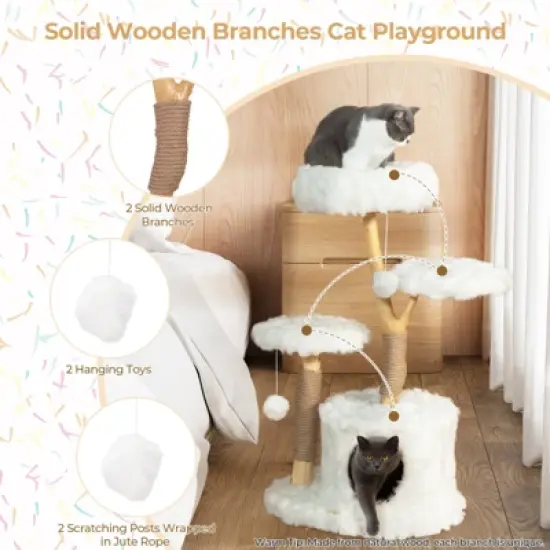 Sandinrayli Cloud Cat Tree Tower, Solid Natural Wood Branches, White image {3}