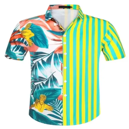 Lars Amadeus Men's Striped Shirt Point Collar Button Up Flower Print Summer Hawaiian Floral Patchwork Shirt image {9}