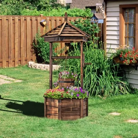 Costway Wooden Wishing Well Hexagonal Bucket Flower Plants Planter Patio Garden Decor image {2}