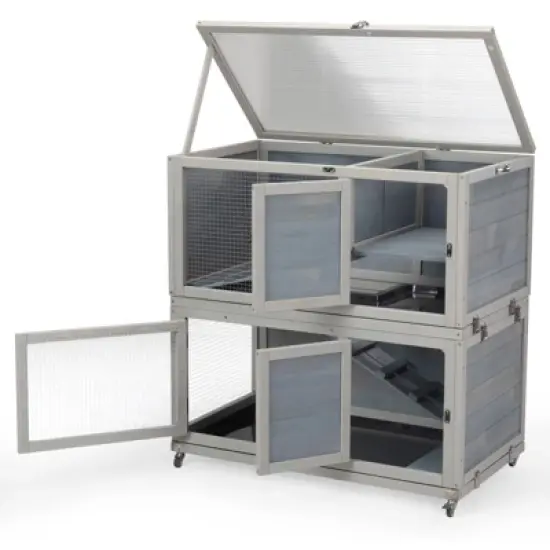 AZL1 Life Concept Pet Crates and Houses Weatherproof Rabbit House, Indoor Outdoor Wooden 2 Story Rabbit Hutch, Pet House, Grey, 19.68"*35.43"*36.61" image {4}