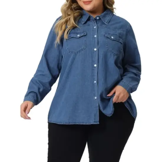 Agnes Orinda Women's Plus Size Denim Long Sleeve Button Down Jean Pockets Shirts image {5}