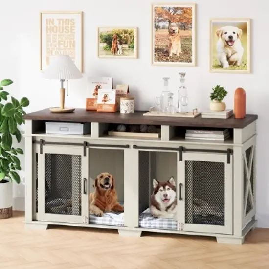 ODK 71" Dog Crate Furniture for 2 Dogs, Dog Kennel, Extra Large Double Dog Cage As TV Stand, Furniture Style Dog Crates with Sliding Barn Door image {6}