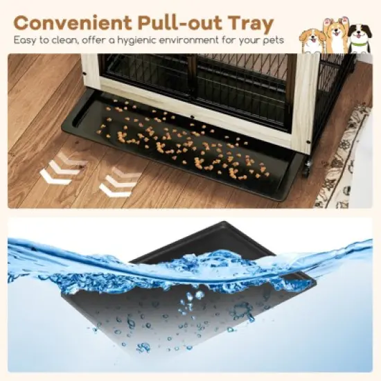 Costway 38&rdquo; Heavy-Duty Dog Kennel on Wheels w/ Pull-out Tray Indoor Pet Furniture Wood Dog House Gray image {6}