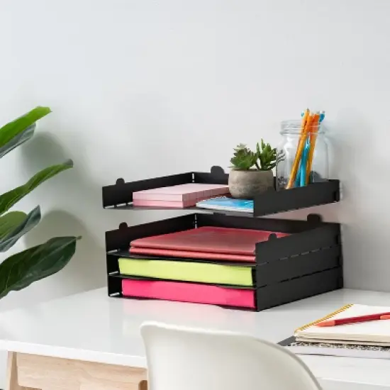 IRIS USA Metal Stackable Letter Tray Paper Organizer, Black, 4Pack image {1}