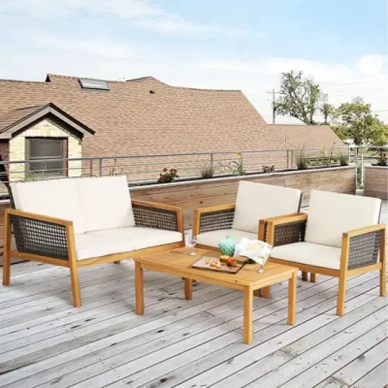 Tangkula 8PCS Patio Acacia Wood Furniture Set PE Rattan Conversation Set w/ Off White Cushions image {4}