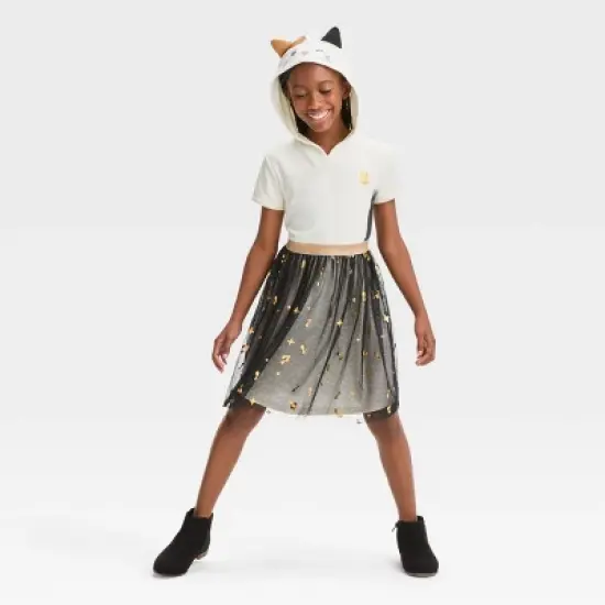 Girls' Squishmallows Cat Hooded Dress - White/Black image {2}