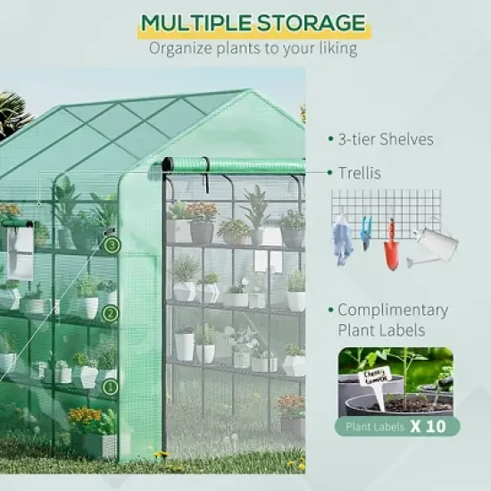 Outsunny 8' x 6' x 7' Walk-in Greenhouse, 18 Shelf Hot House, Roll Up Zipper Door, UV protective for Flowers, Herbs, Vegetables, Green image {4}