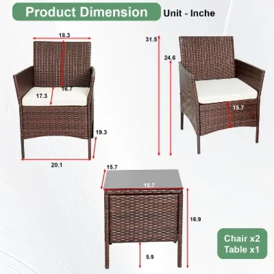 BestMassage 3-Piece Outdoor Wicker Patio Furniture Set with 2 Chairs & Cushions Coffee Table, Khaki image {6}