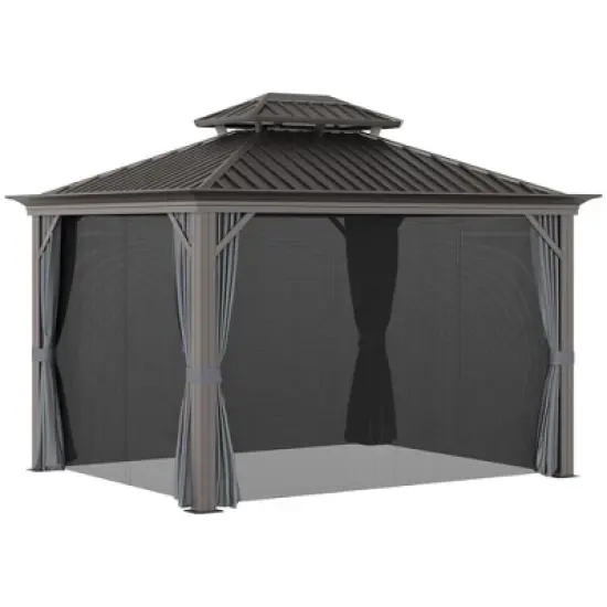 Outsunny Patio Gazebo 10' x 12', Netting & Curtains, 2 Tier Double Vented Steel Roof, Hardtop, Ceiling Hooks, Rust Proof Aluminum, Gray image {3}