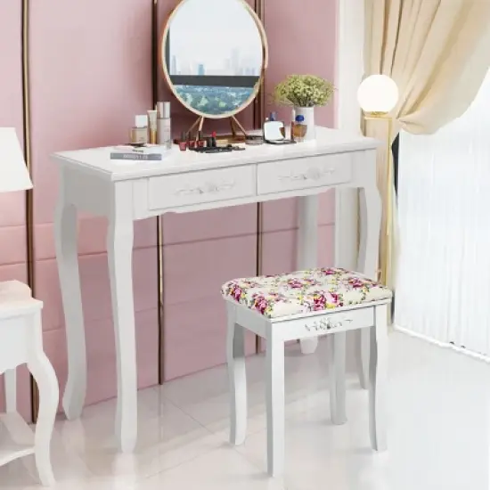 Costway Vanity Wood Dressing Stool Padded Chair Makeup Cushion White Backless image {6}