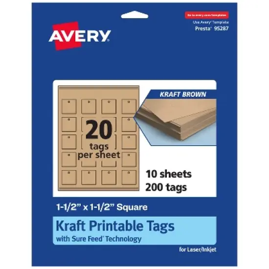 Avery Printable Square Tags with Sure Feed Technology, 1-1/2" x 1-1/2", Kraft Brown Cardstock, Print-to-the-Edge, Laser/Inkjet, 200 Total image {9}