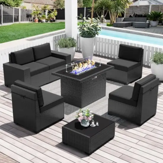 LayinSun 7 Pieces Outdoor Patio Furniture Set with 44" Fire Pit Table Rattan Sectional Sofa Conversation Sets image {8}
