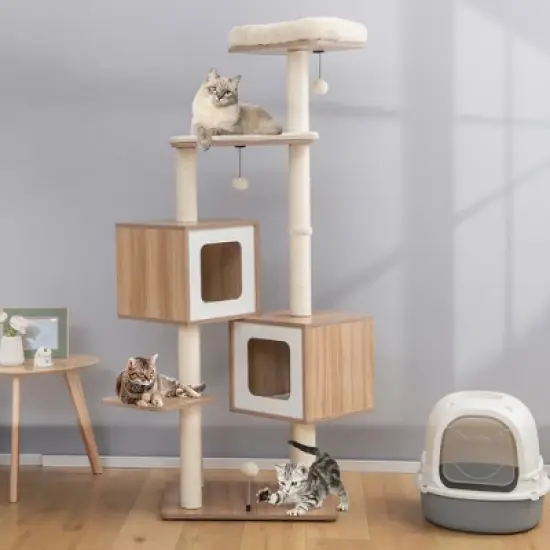 Costway 64.5'' Multi-layer Wooden Cat Tree Indoor Tower Activity Play Center Cat House image {3}