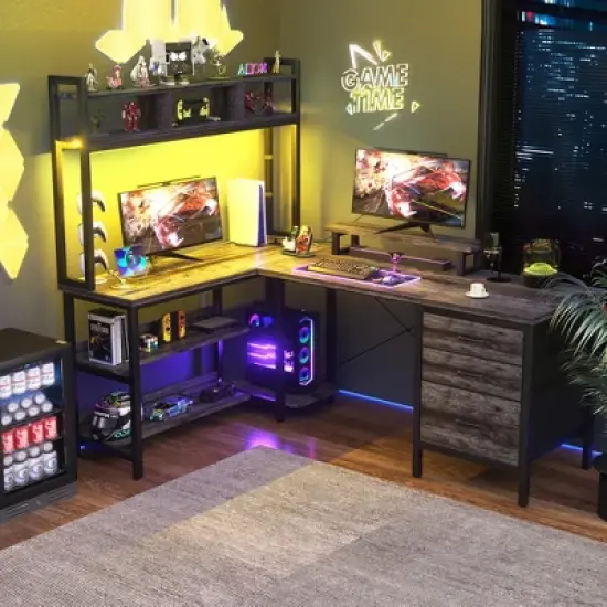 Aheaplus L Shaped Computer Desk, Gaming Desk with Hutch image {8}