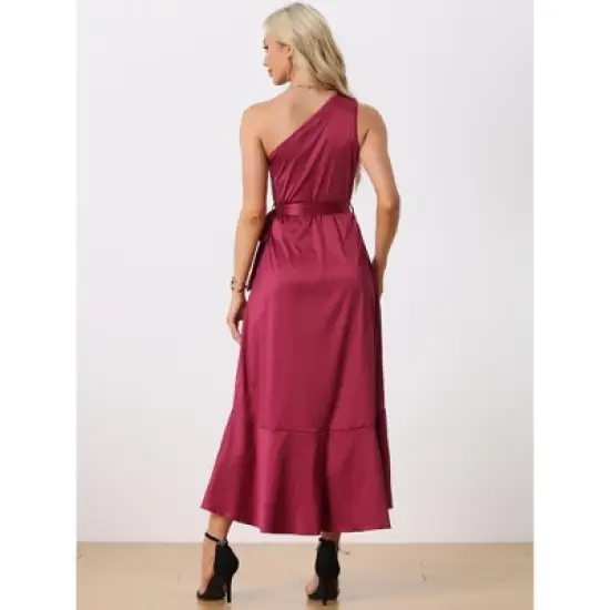 INSPIRE CHIC Women's Satin Sleeveless One Shoulder Belted Split Ruffle Evening Cocktail Dress image {3}