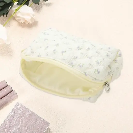 Unique Bargains Purple Flowers Makeup Bag Beige 1 Pc image {2}