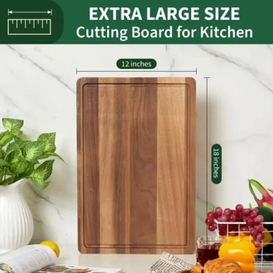 Large Natural Acacia Wood Cutting Board, 18"x12" Reversible Butcher Block with Deep Juice Groove & Side Handles, Durable Multipurpose Chopping Board image {2}