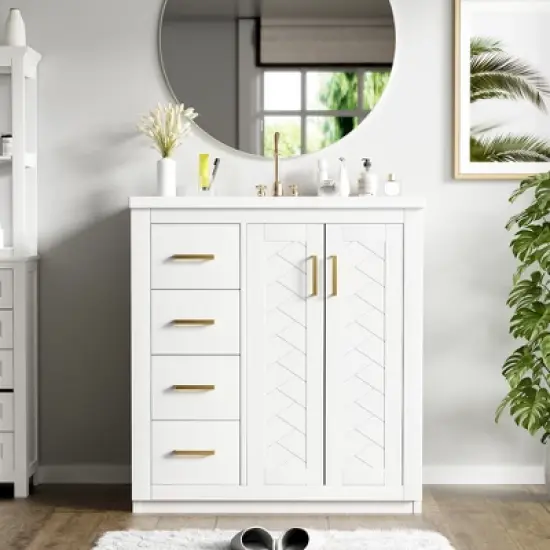 Bathroom Vanity with Ceramic Sink Combo,Solid Wood Frame Bathroom Storage Cabinet, Freestanding Vanity Set with 3 Drawers&Soft Closing Doors image {14}